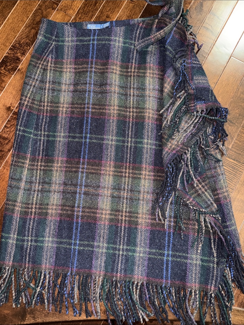Polo by Ralph Lauren Plaid Multi Wool Blend Fringe Skirt in Navy and Brown - Picture 2 of 5